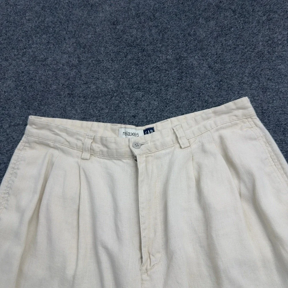 Vintage Gap Pants Mens 36/34 Cream Linen Pleated Relaxed Trousers Casual Style